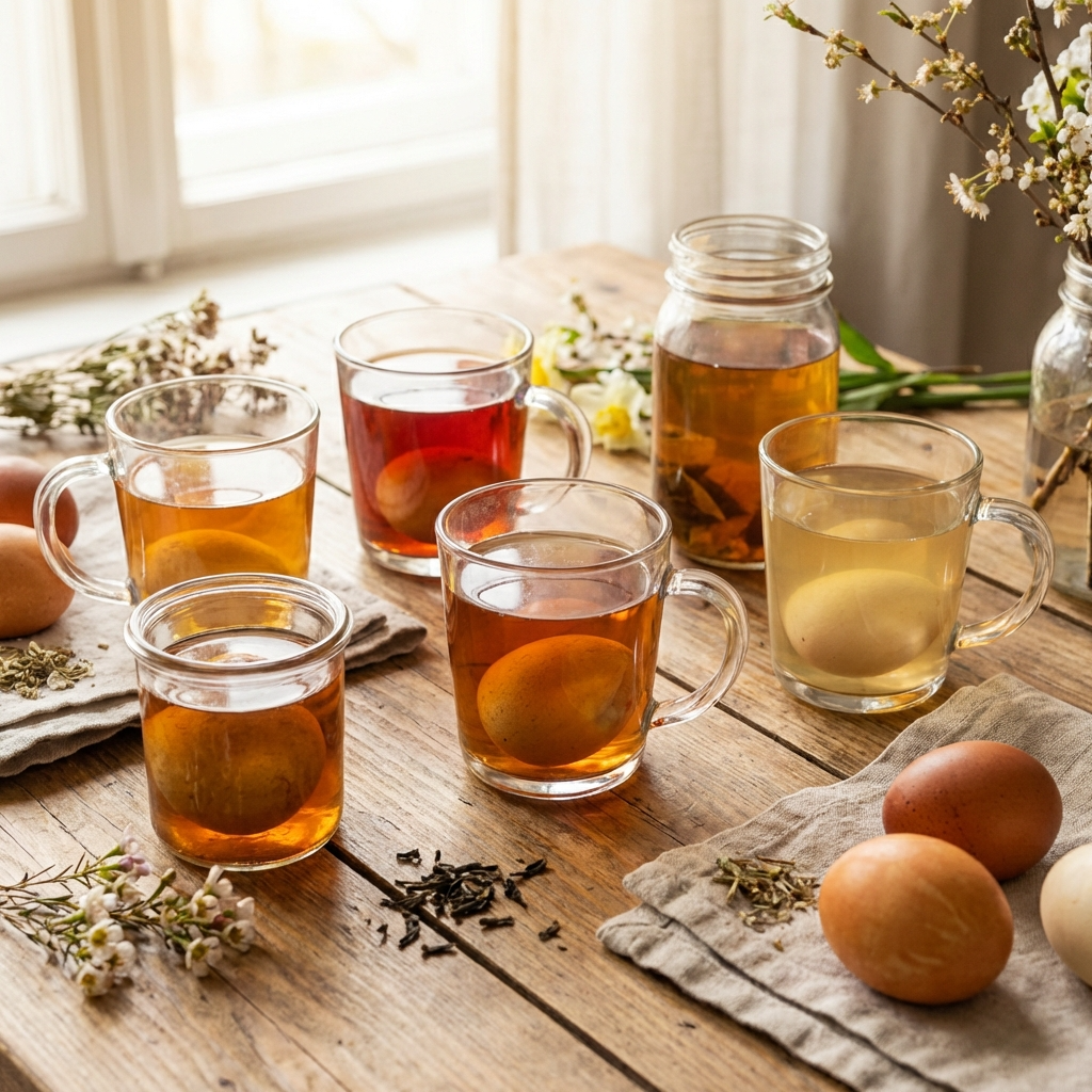 6 Ostereier in Teegläsern mit unterschiedlichen Farben