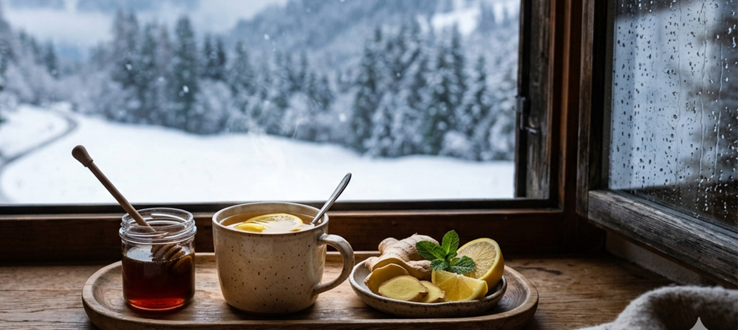 Holztablett mit dampfender Teetasse, frischem Ingwer und Zitronenscheiben vor einem Fenster mit Blick auf verschneite, verregnete Berge