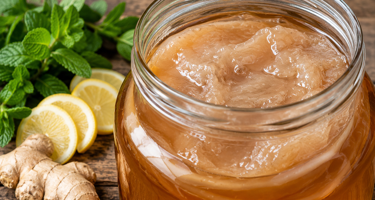 Scoby im Glas daneben Minze, Ingwer und Zitronen