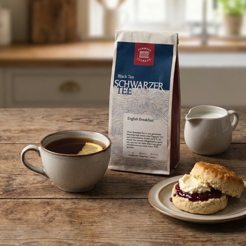 Holztisch mit Teetasse, Teepäckchen, Scones und Milch