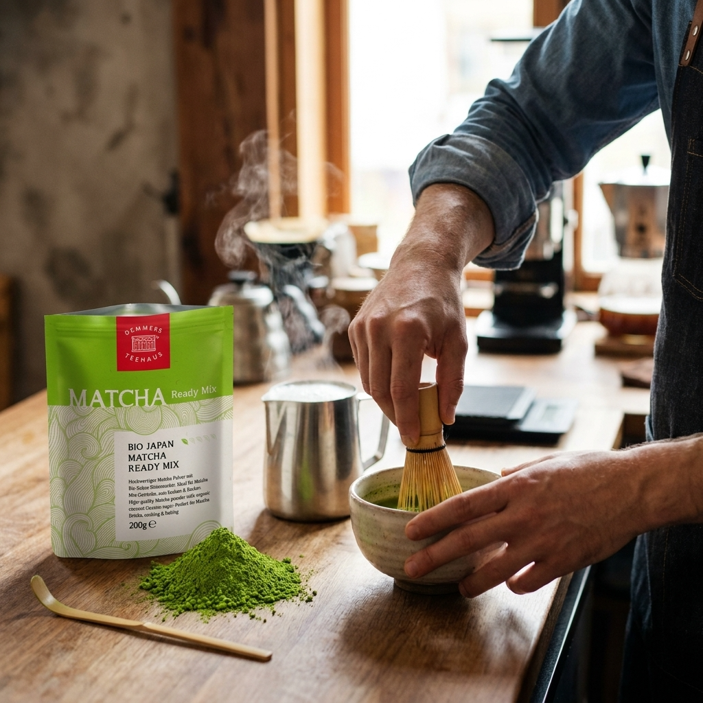 Barista bereitet einen Matcha Latte in einer Matchaschüssel mit Matchabesen zu