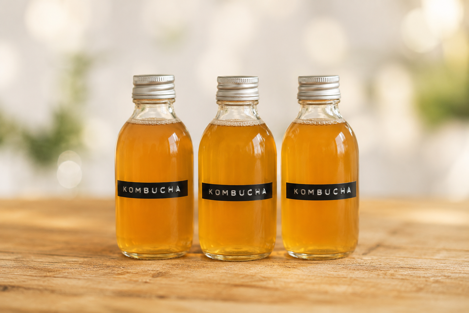 Drei Glasflaschen gefüllt mit Kombucha 