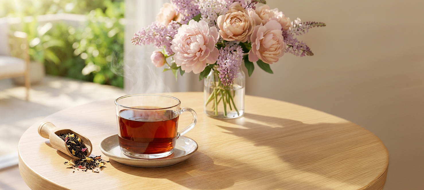 Tasse Tee auf Holztisch mit rosa und lila Blumen im Hintergrund