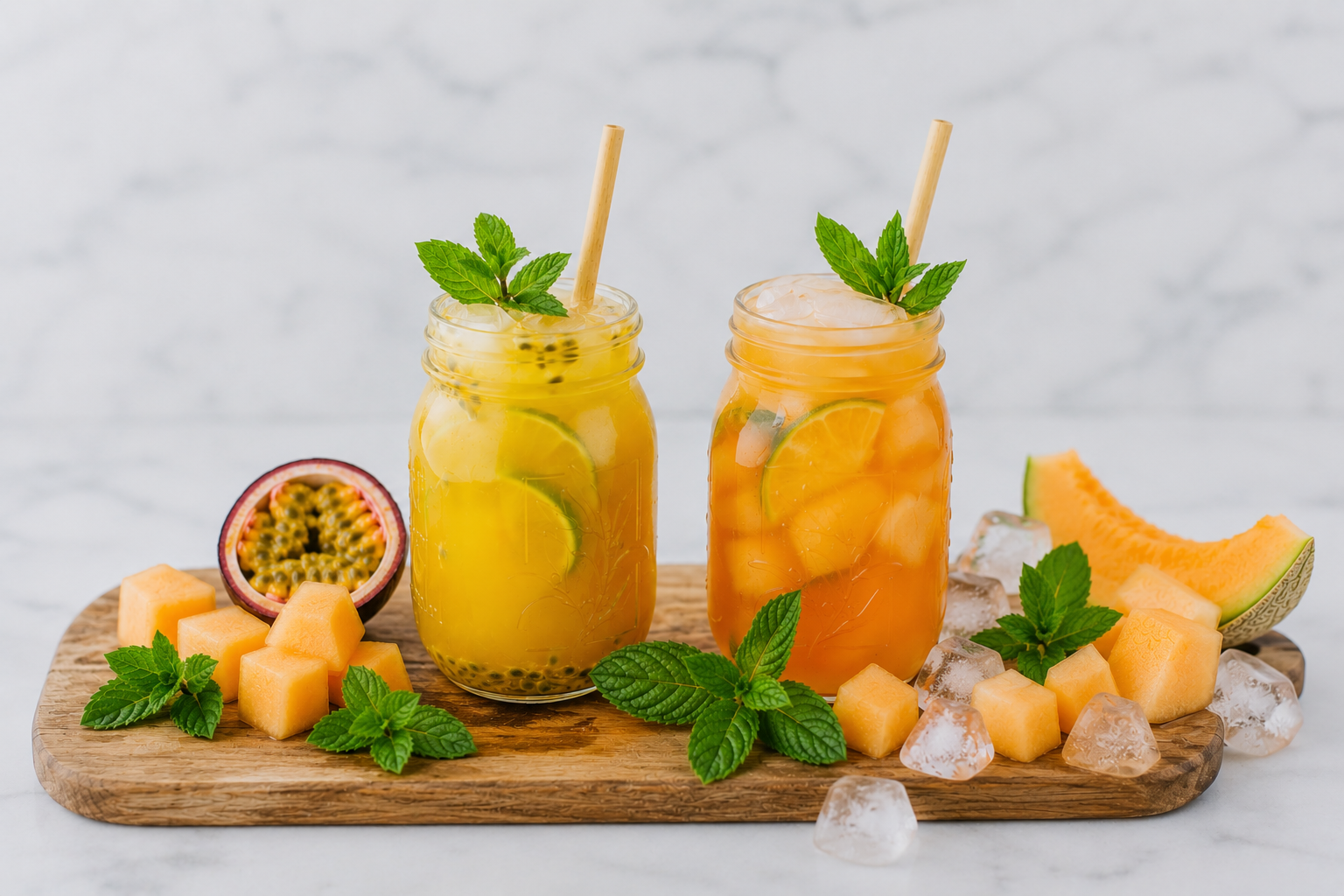 Eistees stehen auf einem Holzbrett umgeben von Melonen, Minze und Maracuja