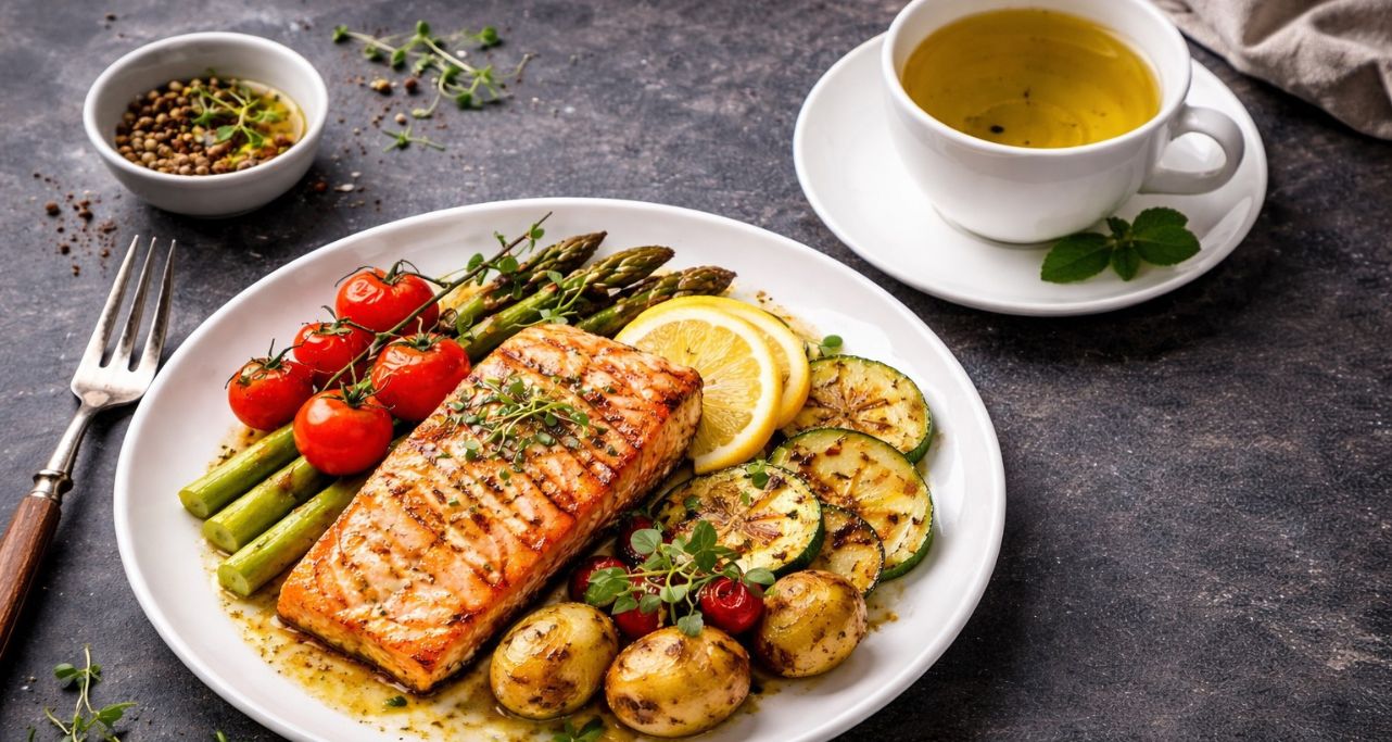 Lachs mit Spargel, Tomaten und kartoffel auf einem weißen Teller angerichtet daneben Grüner Tee in einer weißen Tasse