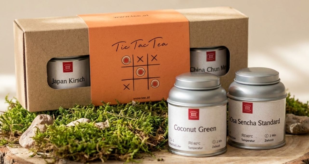 Geschenkbox auf Holbrett mit Teedosen und Moos im Vordergrund