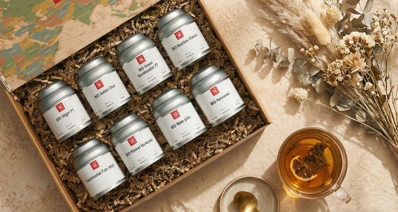 Geschenkbox offen mit Teedosen Trockenblumen und Teetasse