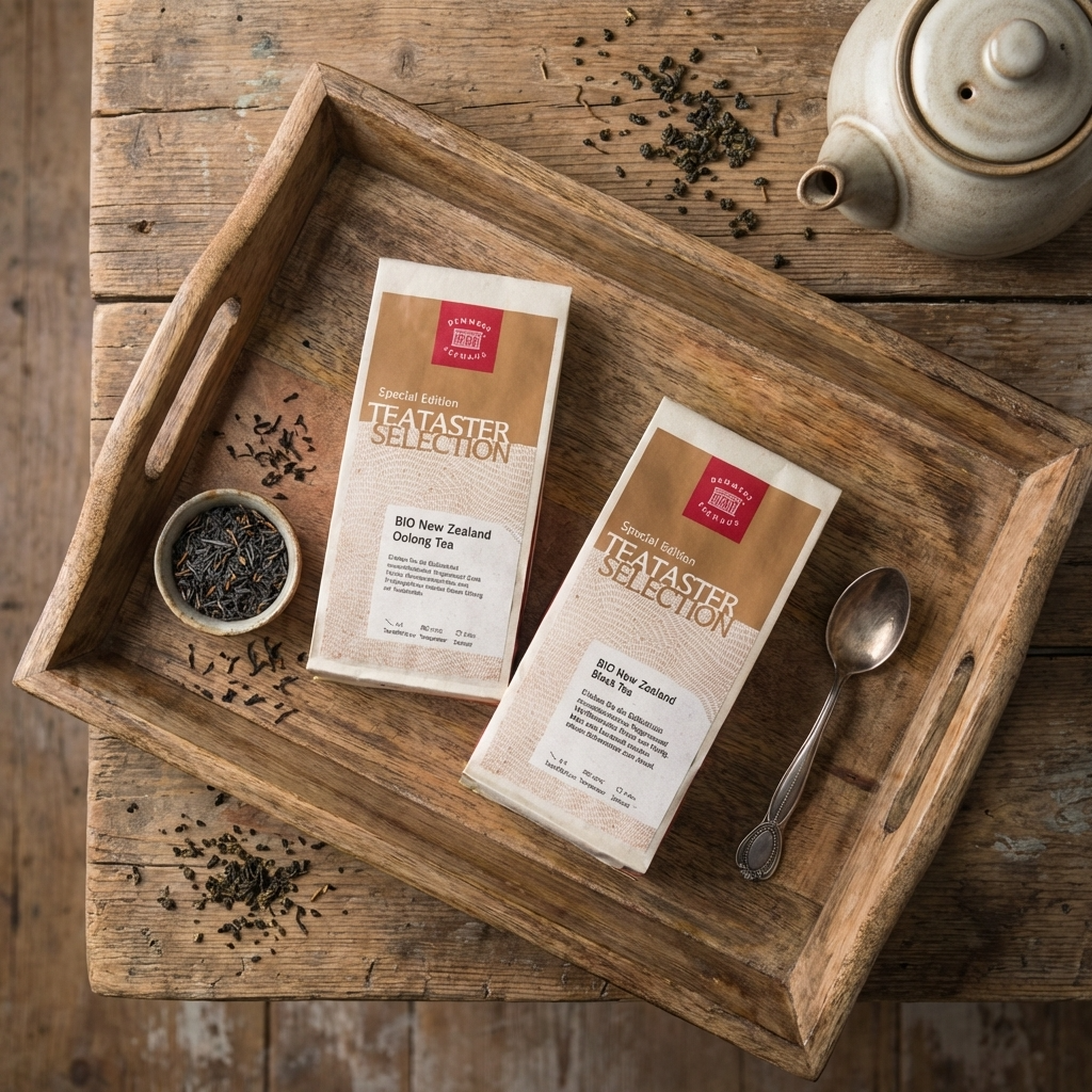 Zwei Teepackungen auf Holztablett