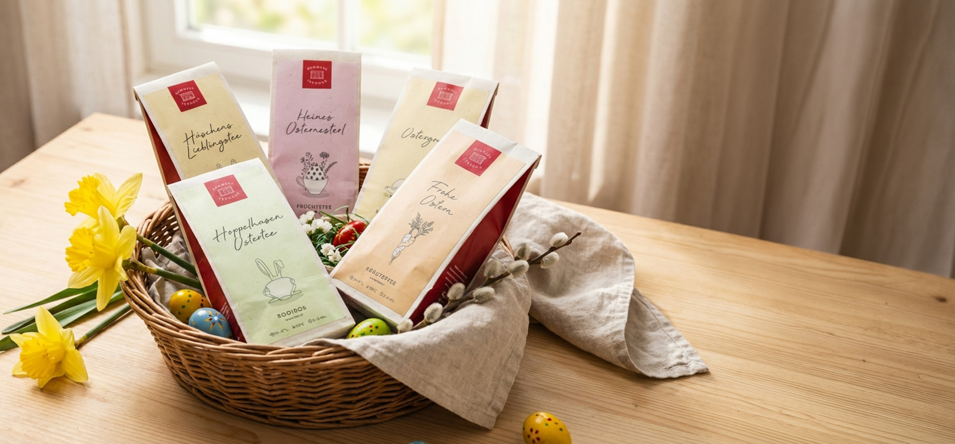 Korb auf Holztisch mit 5 Teepackungen und Osterdeko