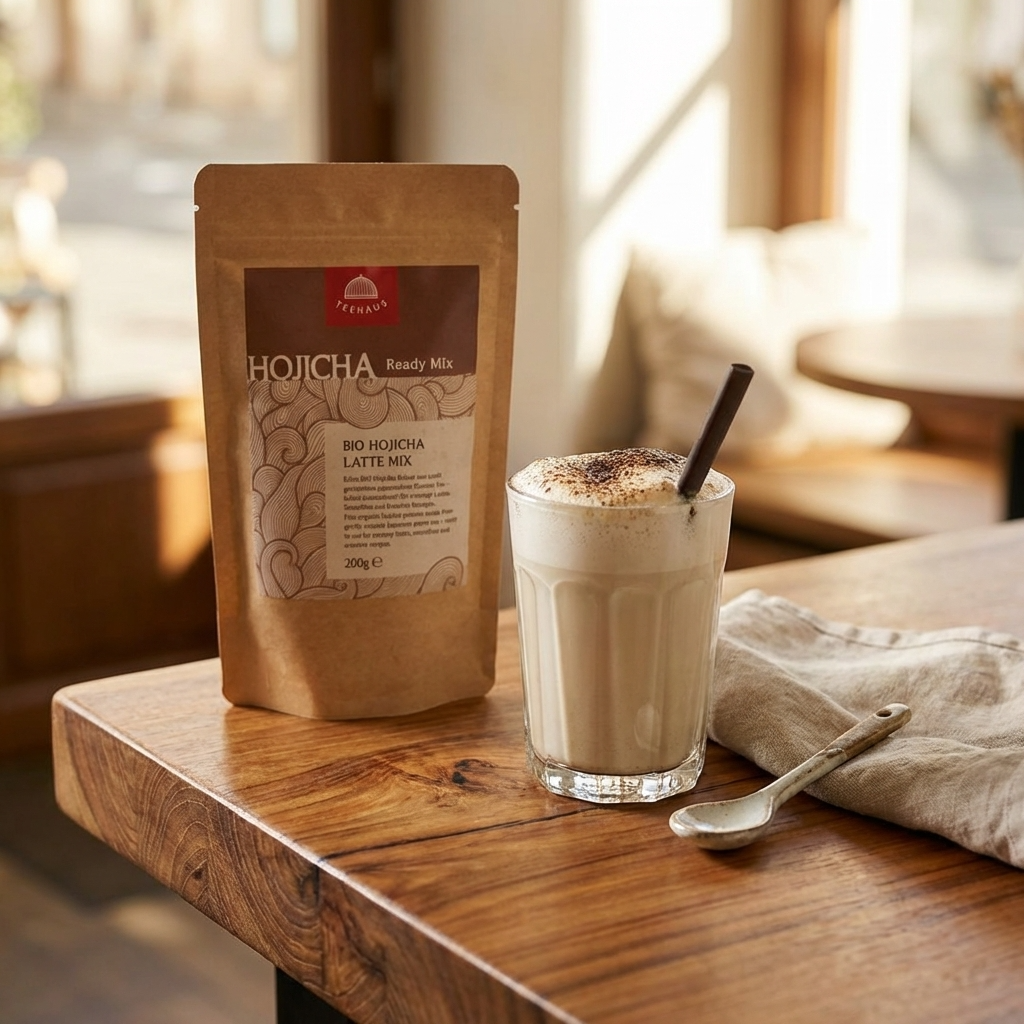 Holztisch mit Hojicha Latte Packung und Latteglas